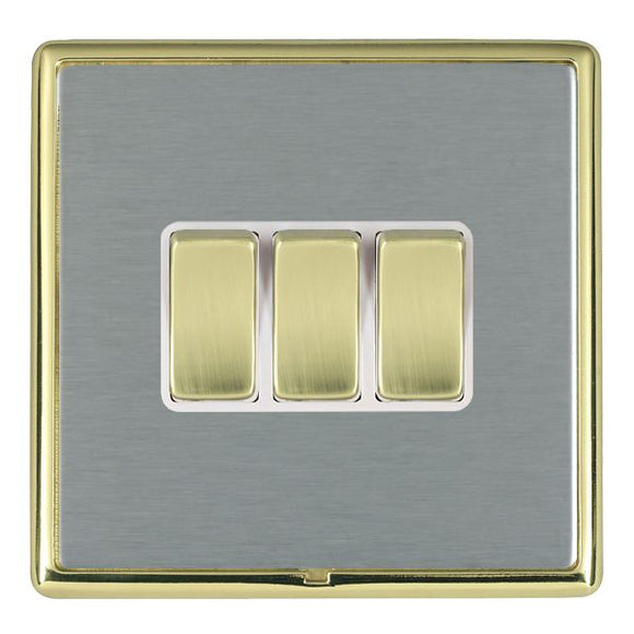 Hamilton LRXR23PB-SSW Linea-Rondo CFX Polished Brass Frame/Satin Steel Front 3 gang 10AX 2 Way Rocker Polished Brass/White Insert - www.fancysockets.shop