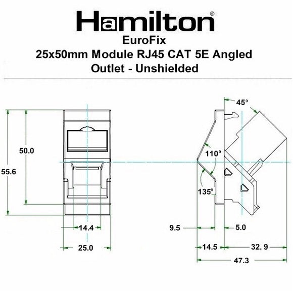 Hamilton MODA-J45-C5B EuroFix 25x50mm Module RJ45 CAT 5E 45 Degree Angle Outlet - Unshielded Black Insert