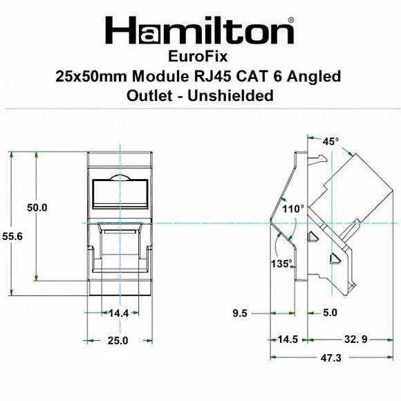 Hamilton MODA-J45-C6B EuroFix 25x50mm Module RJ45 CAT 6 45 Degree Angle Outlet - Unshielded Black Insert