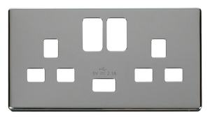 Click® Scolmore Definity™ SCP470CH 13A 2 Gang Switched Socket With 2.1A USB Charger Cover Plate  Polished Chrome  Insert