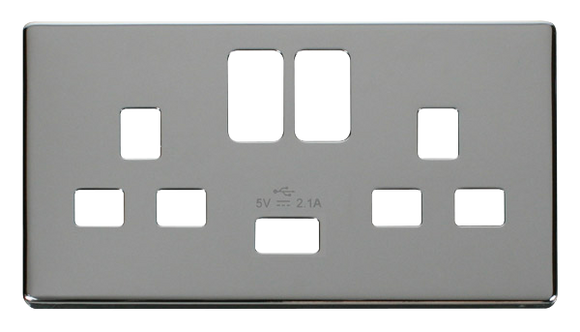 Click® Scolmore Definity™ SCP470CH 13A 2 Gang Switched Socket With 2.1A USB Charger Cover Plate  Polished Chrome  Insert