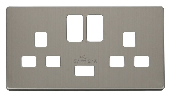 Click® Scolmore Definity™ SCP470SS 13A 2 Gang Switched Socket With 2.1A USB Charger Cover Plate  Stainless Steel  Insert