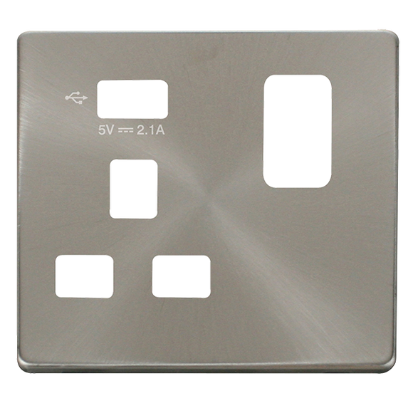 Click® Scolmore Definity™ SCP471UBS 13A 1 Gang Switched Socket With 2.1A USB Charger Cover Plate  Brushed Stainless  Insert