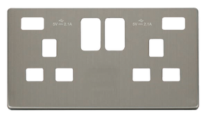 Click® Scolmore Definity™ SCP480SS 13A 2 Gang Switched Socket With Twin 2.1A USB Charger Cover Plate Stainless Steel  Insert