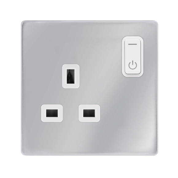 Click® Scolmore Click Smart+ SFCH30035PW 13A 1 Gang Zigbee Smart Switched Socket Outlet Polished Chrome Polar White Insert