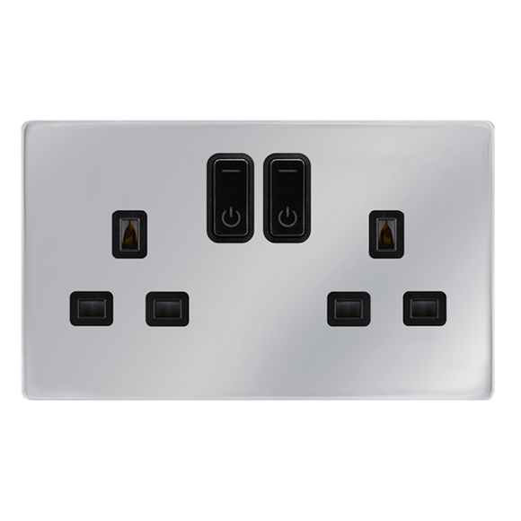 Click® Scolmore Click Smart+ SFCH30036BK 13A 2 Gang Zigbee Smart Switched Socket Outlet Polished Chrome Black Insert