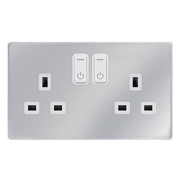 Click® Scolmore Click Smart+ SFCH30036PW 13A 2 Gang Zigbee Smart Switched Socket Outlet Polished Chrome Polar White Insert