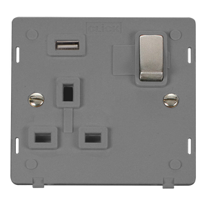 Click® Scolmore Definity™ SIN571UGYSS 13A Ingot 1 Gang Switched Socket With 2.1A USB Outlet (Twin Earth) Insert  Stainless Steel Grey Insert