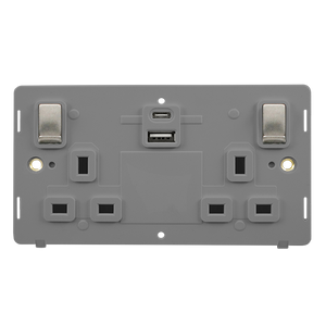 Click® Scolmore Definity™ SIN586GYSS 13A Ingot 2 Gang Switched Safety Shutter Socket Outlet With Type A & C USB (4.2A) Outlets (Twin Earth) Insert Stainless Steel Grey Insert