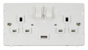 Click® Scolmore Definity™ SIN770PW 13A 2 Gang Switched Socket With 2.1A USB Outlet (Twin Earth) Insert   Polar White Insert