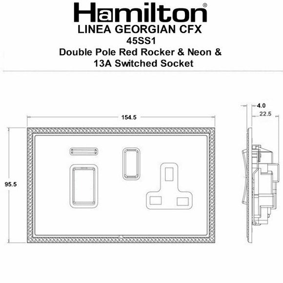 Hamilton LGX45SS1PB-ABW Linea-Georgian CFX Polished Brass Frame/Antique Brass Front 45A Double Pole Rocker + Neon + 13A Switched Socket Red+Polished Brass/White Insert