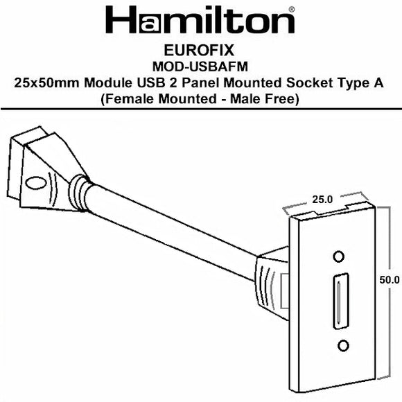 Hamilton MOD-USBAFMB EuroFix 25x50mm Module USB 2 Panel Mounted Socket Type A (Female Mounted - Male Free) Black Insert