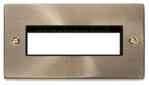 Click® Scolmore Deco® VPAB426BK 2 Gang MiniGrid® Unfurnished Plate - 6 In-Line Apertures Antique Brass Black Insert