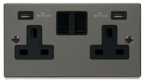 Click® Scolmore Deco® VPBN780BK 13A 2 Gang Switched Socket With Twin 2.1A USB Outlets (4.2A) (Twin Earth) Black Nickel Black Insert