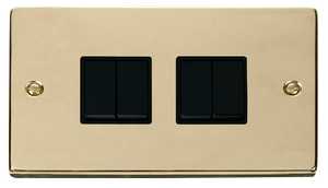 Click® Scolmore Deco® VPBR019BK 10AX 4 Gang 2 Way Plate Switch Polished Brass Black Insert