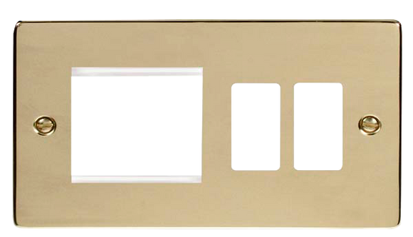 Click® Scolmore GridPro® VPBR31102 Hotel Accessory Plate - 2 Gang Gridpro® Frontplate With Twin New Media Aperture - Polished Brass Polished Brass  Insert