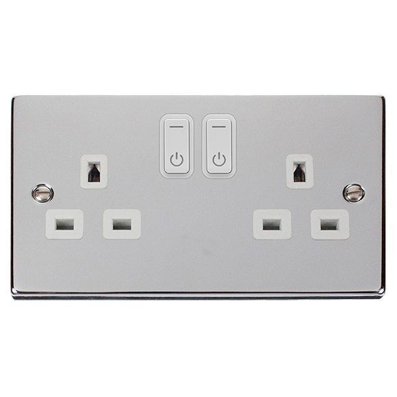 Click® Scolmore Click Smart+ VPCH30536WH 13A Ingot 2 Gang Zigbee Smart Switched Socket Outlet Polished Chrome White Insert