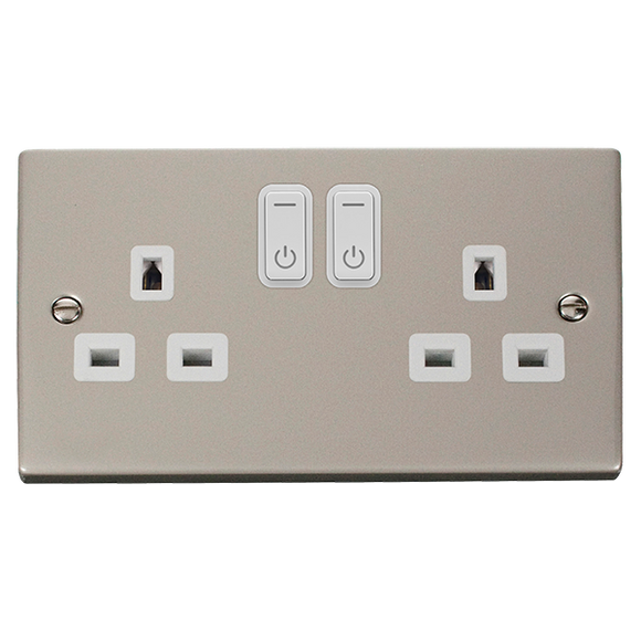 Click® Scolmore Click Smart+ VPPN30536WH 13A Ingot 2 Gang Zigbee Smart Switched Socket Outlet Pearl Nickel White Insert