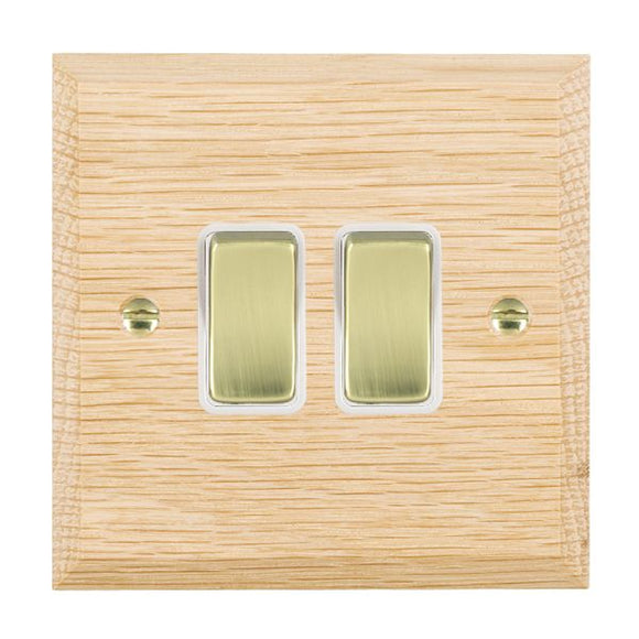 Hamilton WCLR22PB-W Woods Chamfered Light Oak 2 gang 10AX 2 Way Rocker Polished Brass/White Insert