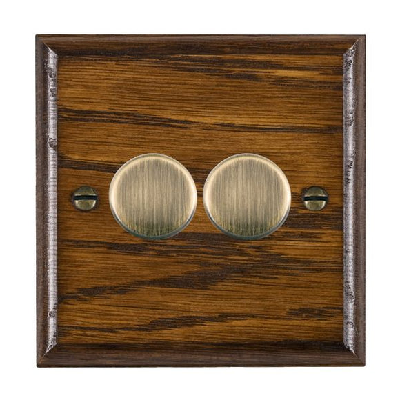 Hamilton WOD2XTEAB Woods Ovolo Dark Oak 2x250W/210VA Resistive/Inductive Trailing Edge Push On/Off Rotary Multi-Way Dimmers max 200w per gang Antique Brass Insert