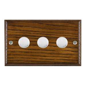 Hamilton WOD3X40SC Woods Ovolo Dark Oak 3x400W Resistive Leading Edge Push On-Off Rotary 2 Way Switching Dimmers max 300w per gang Satin Chrome Insert