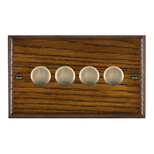 Hamilton WOD4XTEAB Woods Ovolo Dark Oak 4x250W/210VA Resistive/Inductive Trailing Edge Push On/Off Rotary Multi-Way Dimmers max 200w per gang Antique Brass Insert