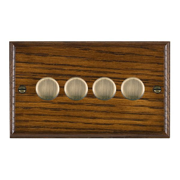 Hamilton WOD4XTEAB Woods Ovolo Dark Oak 4x250W/210VA Resistive/Inductive Trailing Edge Push On/Off Rotary Multi-Way Dimmers max 200w per gang Antique Brass Insert