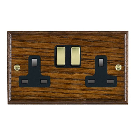 Hamilton WODSS2PB-B Woods Ovolo Dark Oak 2 gang 13A Double Pole Switched Socket Polished Brass/Black Insert