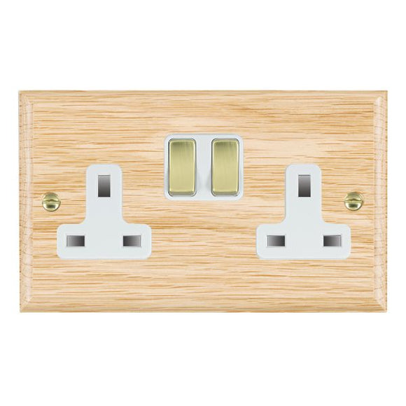 Hamilton WOLSS2PB-W Woods Ovolo Light Oak 2 gang 13A Double Pole Switched Socket Polished Brass/White Insert