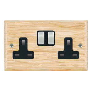 Hamilton WOLSS2SC-B Woods Ovolo Light Oak 2 gang 13A Double Pole Switched Socket Satin Chrome/Black Insert