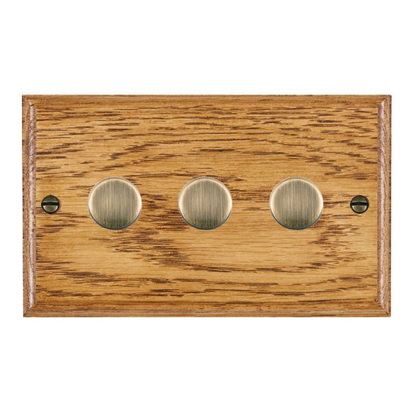 Hamilton WOM3X40AB Woods Ovolo Medium Oak 3x400W Resistive Leading Edge Push On-Off Rotary 2 Way Switching Dimmers max 300w per gang Antique Brass Insert