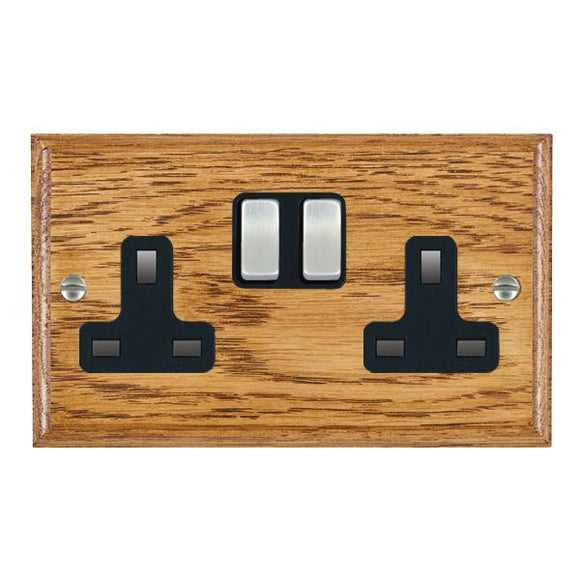 Hamilton WOMSS2SC-B Woods Ovolo Medium Oak 2 gang 13A Double Pole Switched Socket Satin Chrome/Black Insert