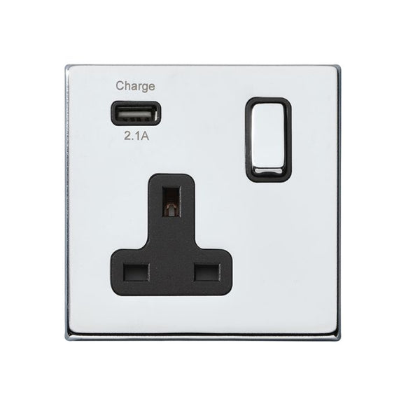 Hamilton 7G27SS1USBBC-B Hartland G2 Bright Chrome 1 gang 13A Single Pole Switched Socket with 1 USB Outlets 1x2.1A Bright Chrome/Black Insert