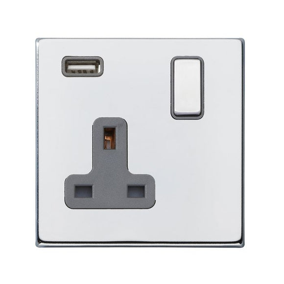 Hamilton 7G27SS1USBBC-QG Hartland G2 Bright Chrome 1 gang 13A Single Pole Switched Socket with 1 USB Outlets 1x2.1A Bright Chrome/Quartz Grey Insert