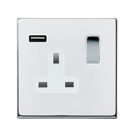 Hamilton 7G27SS1USBBC-W Hartland G2 Bright Chrome 1 gang 13A Single Pole Switched Socket with 1 USB Outlets 1x2.1A Bright Chrome/White Insert