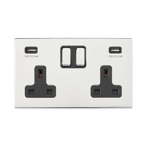 Hamilton 7G27SS2USBULTBC-B Hartland G2 Bright Chrome 2 gang 13A Double Pole Switched Socket with 2 USB Ultra Outlets 2x2.4A Bright Chrome/Black Insert