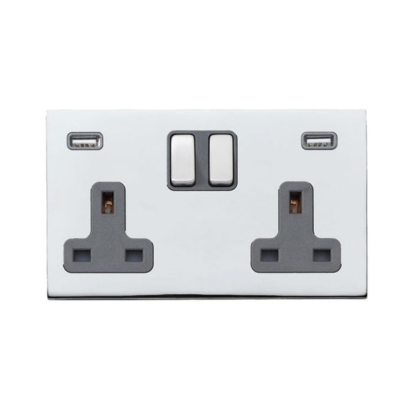 Hamilton 7G27SS2USBULTBC-QG Hartland G2 Bright Chrome 2 gang 13A Double Pole Switched Socket with 2 USB Ultra Outlets 2x2.4A Bright Chrome/Quartz Grey Insert