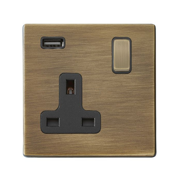 Hamilton 7G29SS1USBAB-B Hartland G2 Antique Brass 1 gang 13A Single Pole Switched Socket with 1 USB Outlets 1x2.1A Antique Brass/Black Insert