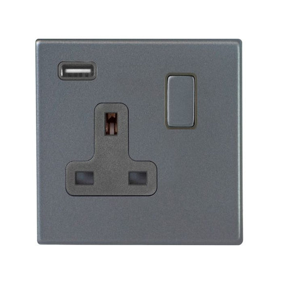 Hamilton 7G2ASS1USBGA-QG Hartland G2 Anthra Gray 1 gang 13A Single Pole Switched Socket with 1 USB Outlets 1x2.1A Anthra Gray/Quartz Grey Insert