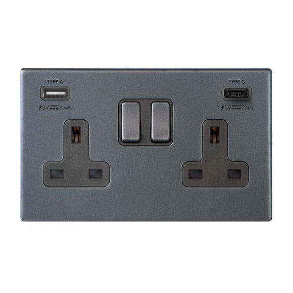 Hamilton 7G2ASS2USBCGA-QG Hartland G2 Anthra Gray 2 gang 13A Double Pole Switched Socket with 1 USB + 1 USB Type C Outlet 2x2.4A Anthra Gray/Quartz Grey Insert