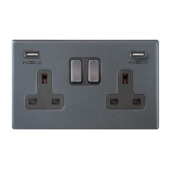 Hamilton 7G2ASS2USBULTGA-QG Hartland G2 Anthra Gray 2 gang 13A Double Pole Switched Socket with 2 USB Ultra Outlets 2x2.4A Anthra Gray/Quartz Grey Insert